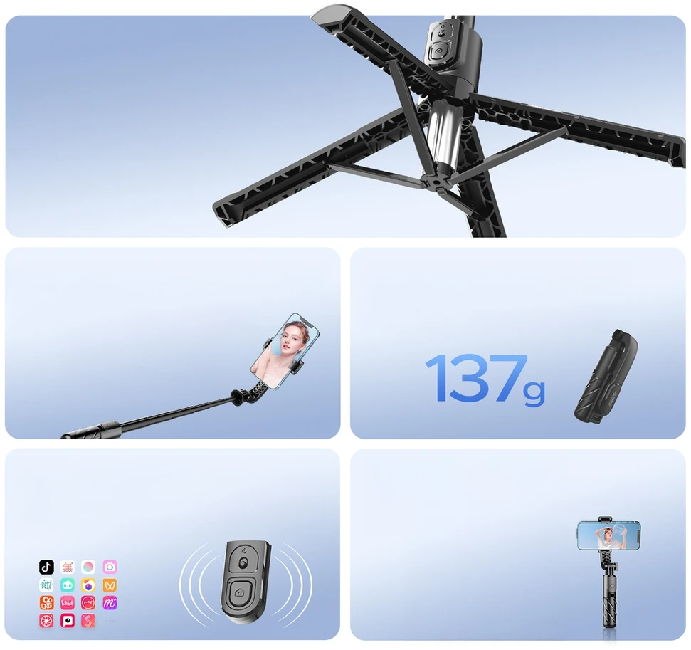 Asmenukių lazda Orico SPV100 mini trikojis su „Bluetooth“, 360 laipsnių sukimasis, 100 cm - juodas