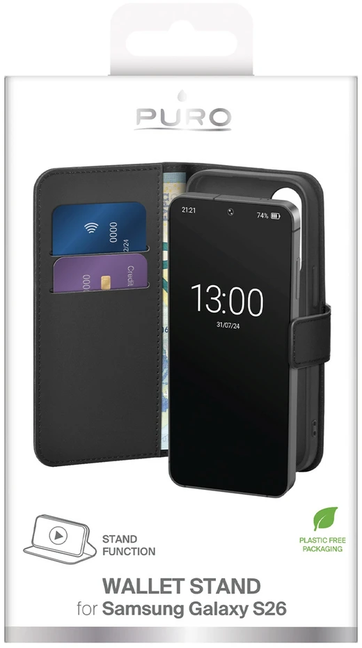Puro Eco-Leather dėklas skirtas Samsung Galaxy S26 with Wallet – juodos spalvos