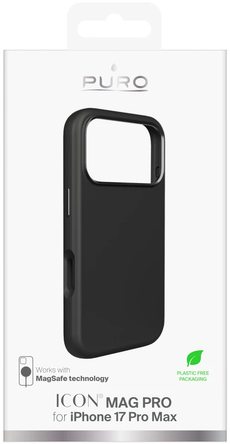 Puro Pure Icon Mag Pro Liquid Silicone dėklas skirtas Apple iPhone 17 Pro Max, MagSafe Compatible, with Camera Protection and Aluminum Mygtukai – juodos spalvos