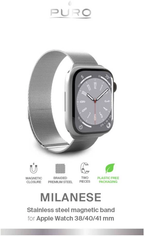 Puro Milanese magnetinė apyrankė – nerūdijančio plieno apyrankė, skirta Apple Watch 38/40/41 mm (sidabrinė)