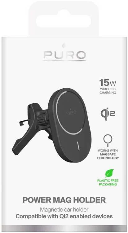 Puro Car Holder with Qi2 Charger, MagSafe Compatible - juodos spalvos
