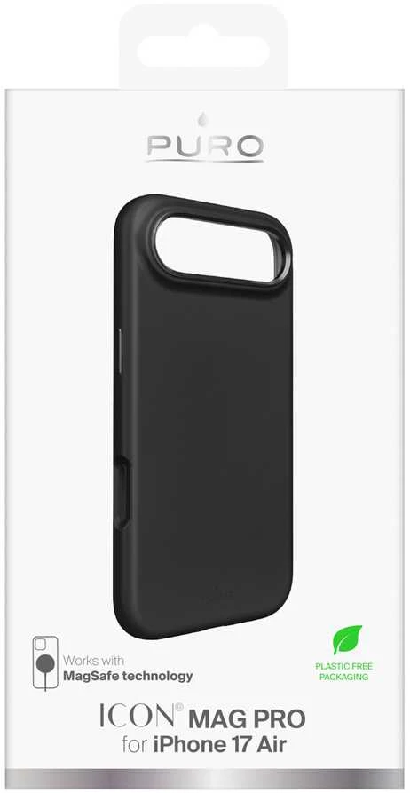 Puro Pure Icon Mag Pro Liquid Silicone dėklas skirtas Apple iPhone 17 Air, MagSafe Compatible, with Camera Protection and Aluminum Mygtukai – juodos spalvos