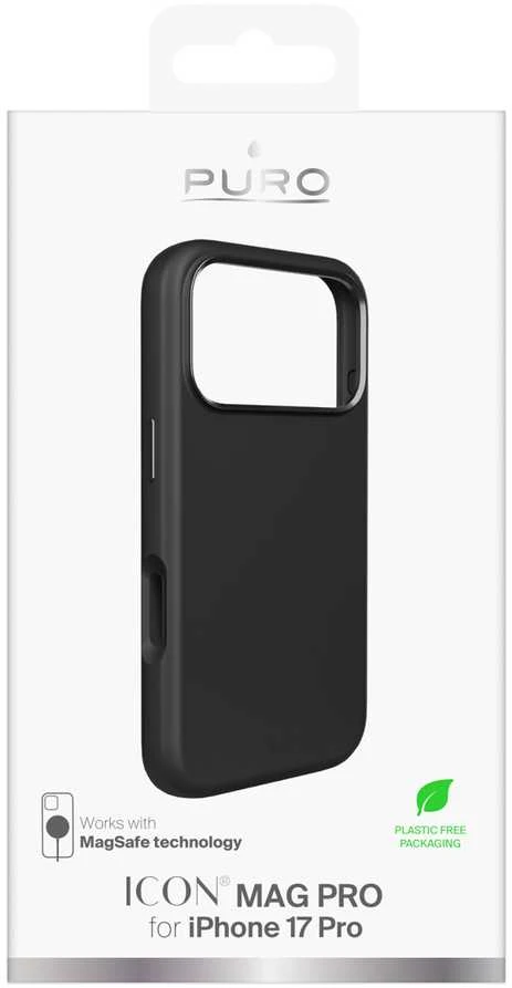 Puro Pure Icon Mag Pro Liquid Silicone dėklas skirtas Apple iPhone 17 Pro, MagSafe Compatible, with Camera Protection and Aluminum Mygtukai – juodos spalvos