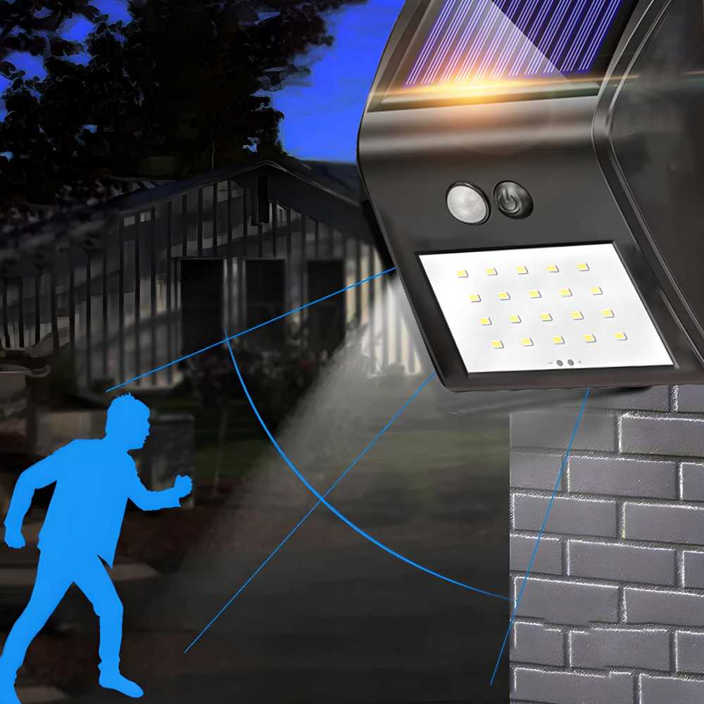 RTO LED saulės lempa su judesio ir prieblandos jutikliais, lauko, skirta sodui, 20 LED, IP65 - E006