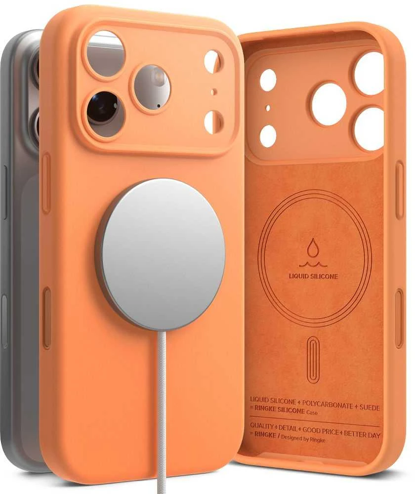 „Ringke iPhone 17 Pro Max“ silikoninis magnetinis dėklas, mandarinų spalvos