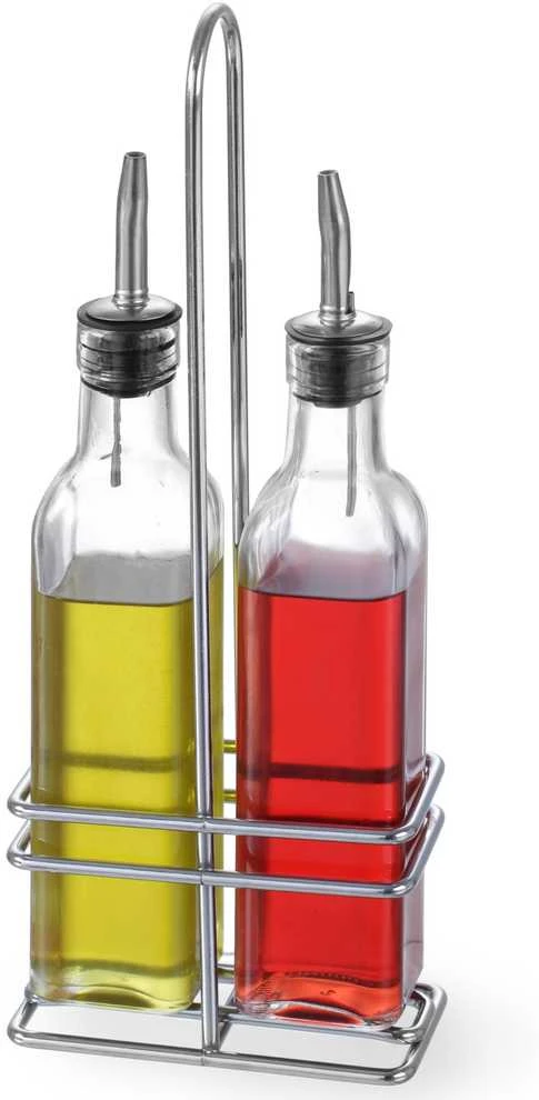 Rinkinys nerūdijančio plieno buteliai su krepšeliu alyvuogių aliejui ir vyno actui 2 x 237ml - Hendi 460245