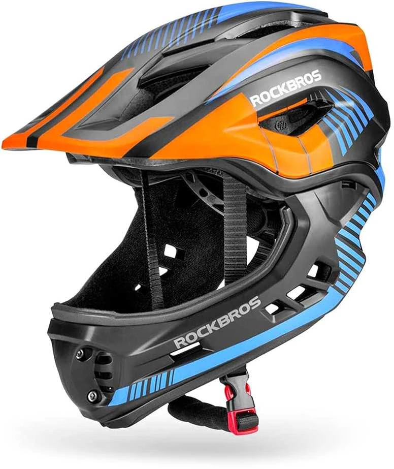Rockbros TT-32SOBL-S vaikiškas dviračio šalmas su nuimamu smakro apsaugos lankeliu, dydis S – juodas ir oranžinis