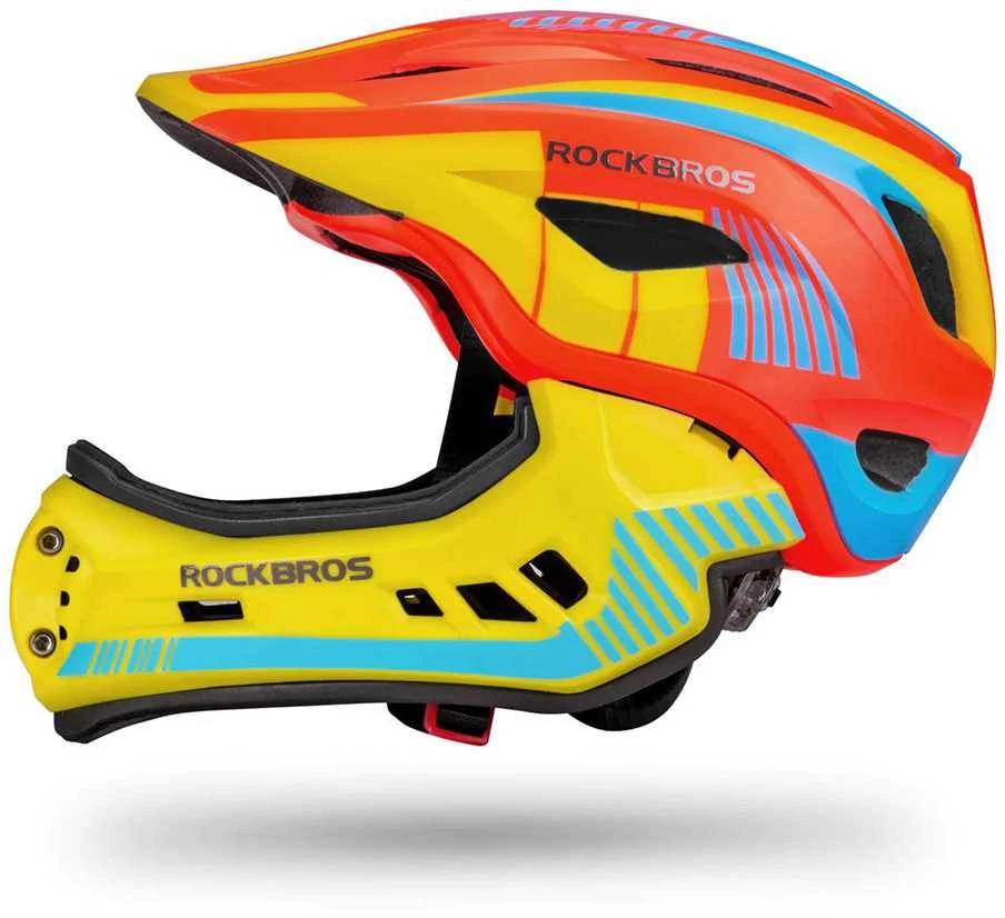 Rockbros TT-32SOYB-M vaikiškas dviračio šalmas su nuimamu smakro apsauga, dydis M – geltonos-oranžinės spalvos