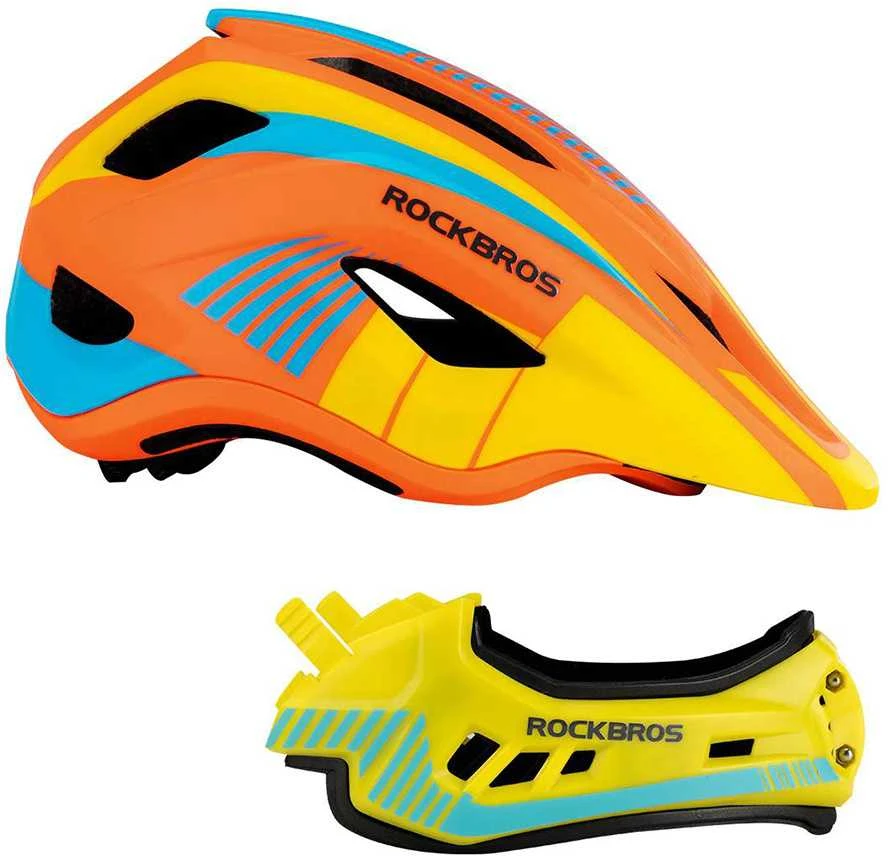 Rockbros TT-32SOYB-M vaikiškas dviračio šalmas su nuimamu smakro apsauga, dydis M – geltonos-oranžinės spalvos