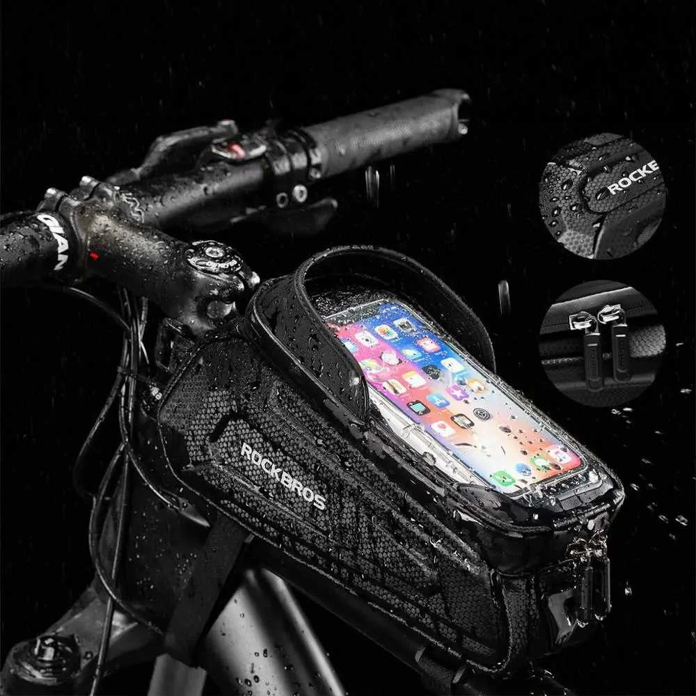 Rockbros B68 dviračio krepšys for armored frame with phone pocket and cover 1.7l – juodos spalvos