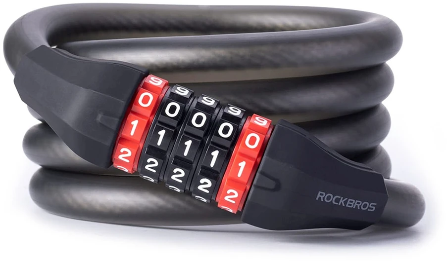 Rockbros RKS507 dviračio spyna su 5 skaitmenų kodu, plieniniu trosu, 180 cm - juodas