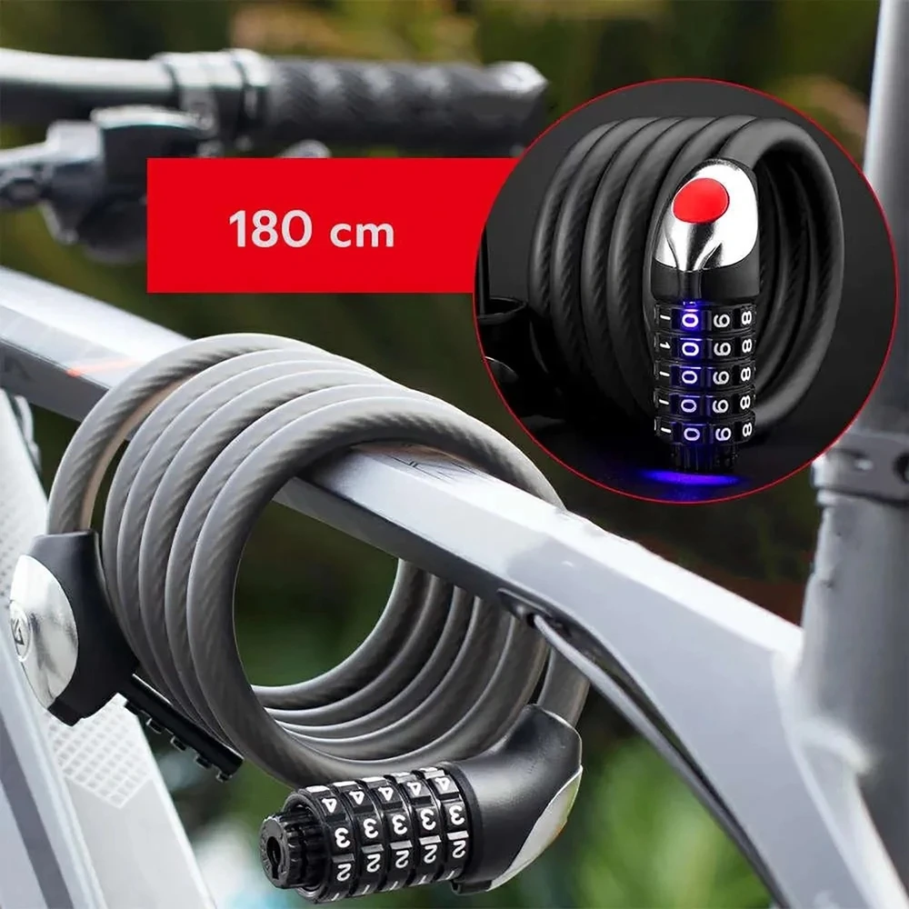Rockbros RKS531 dviračio spyna su 5 skaitmenų kodu, plieniniu lynu, 180 cm, su LED apšvietimu - juodas