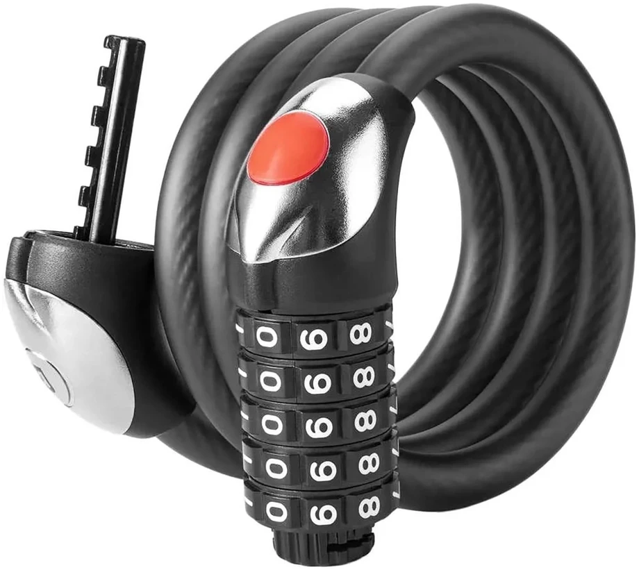 Rockbros RKS531 dviračio spyna su 5 skaitmenų kodu, plieniniu lynu, 180 cm, su LED apšvietimu - juodas
