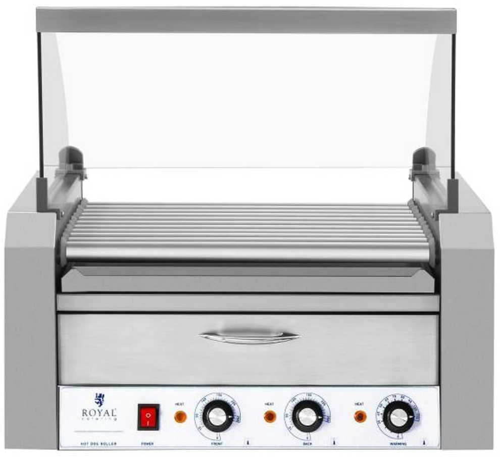 Ritininis ritininis grilis su dangteliu ir kaitinimo stalčiumi bandelėms 20 HotDog dešrelių 2600W 230V Royal Catering