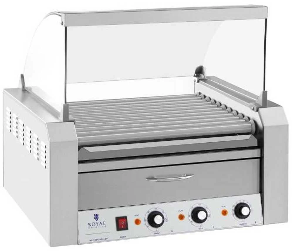 Ritininis ritininis grilis su dangteliu ir kaitinimo stalčiumi bandelėms 20 HotDog dešrelių 2600W 230V Royal Catering
