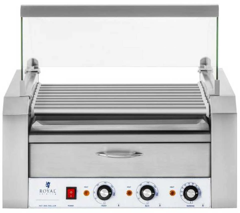 Ritininis ritininis grilis su dangteliu ir kaitinimo stalčiumi bandelėms 16 HotDog dešrelių 2200W 230V Royal Catering