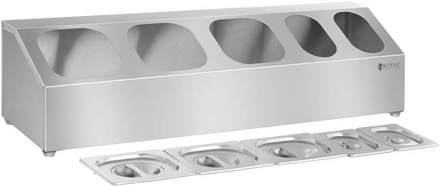 Royal Catering Ekspozytor stojak na pojemniki 3x GN1/6 2x GN1/9 + pokrywki Nerūdijantis plienas