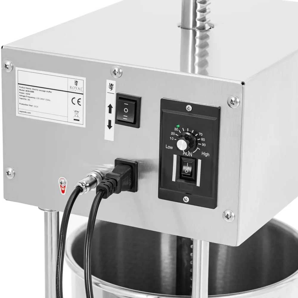 Mėsmalė Royal Catering Elektrinis vertikalus dešrų kimštuvas, 4 piltuvėliai, 30 l, 400 W