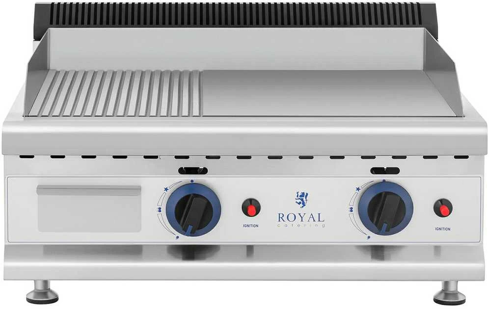 Royal Catering Dvigubas lygias, griovelis, nerūdijančio plieno dujinis grilis gamtinėms dujoms 2x 3,1 kW 0,02 baro 60 x 40 cm
