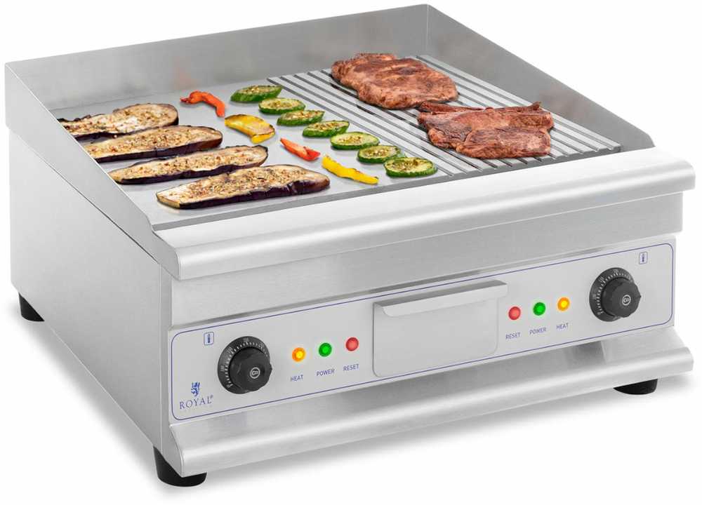 Royal Catering Kepsninė dviguba lygi, grioveliais grioveliais su riebalų stalčiumi 230 V 2x 3200 W