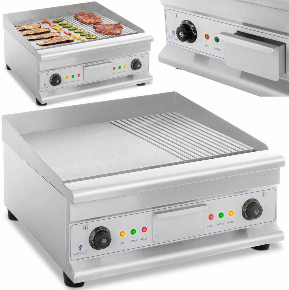 Royal Catering Kepsninė dviguba lygi, grioveliais grioveliais su riebalų stalčiumi 230 V 2x 3200 W