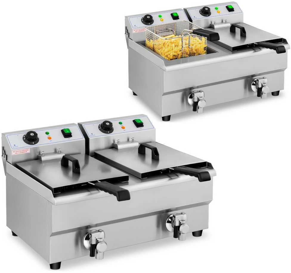 Royal Catering Elektrinė maitinimo dviguba gruzdintuvė su čiaupu 230 V 2 x 3000W 2 x 10 L