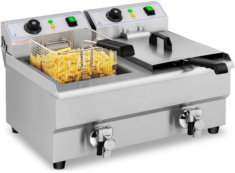 Royal Catering Elektrinė maitinimo dviguba gruzdintuvė su čiaupu 230 V 2 x 3000W 2 x 10 L