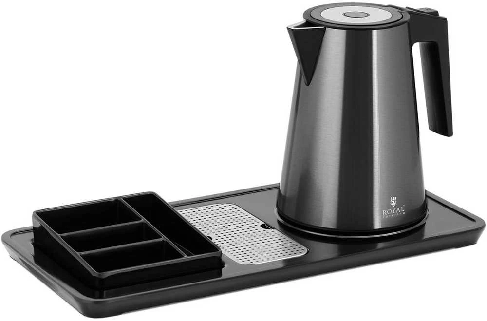 Royal Catering Viešbučio pasveikinimo rinkinys, elektrinis virdulys su padėklu, 1,2 l, 1800 W, juodas