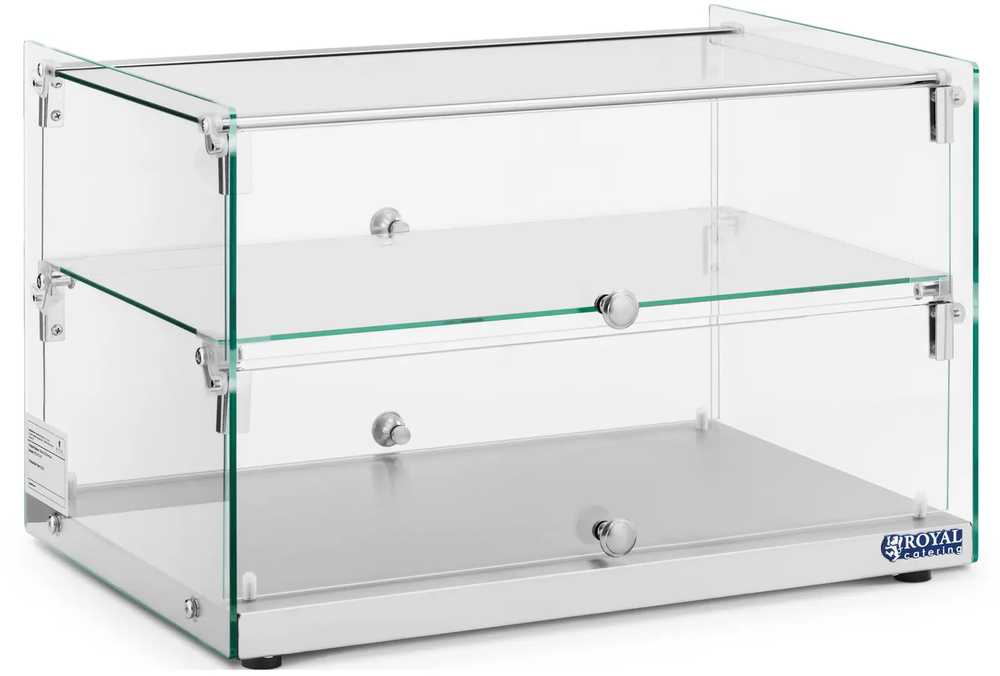 Royal Catering Konditerijos bufeto vitrina tortams, desertams, bandeliams, stiklinė, 2 lentynos, 50 l