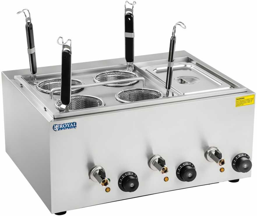 Royal Catering makaronų gaminimo aparatas, viryklė makaronams ir koldūnams virti su bain marie, 3 kameros su čiaupais