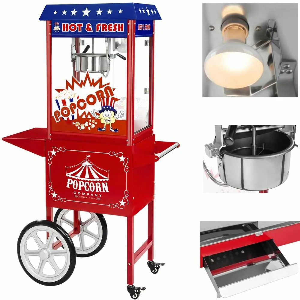 Royal Catering Mobili kukurūzų spragėsių mašina su vežimėliu ant ratų TEFLON 1600W