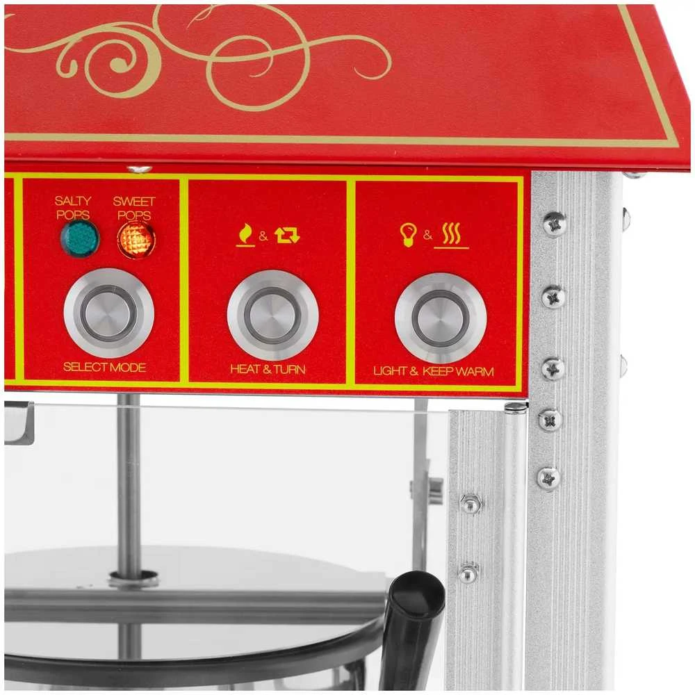 Royal Catering Profesionali kukurūzų spragėsių mašina ant vežimėlio su RETRO apšvietimu 88 l 1600 W raudona