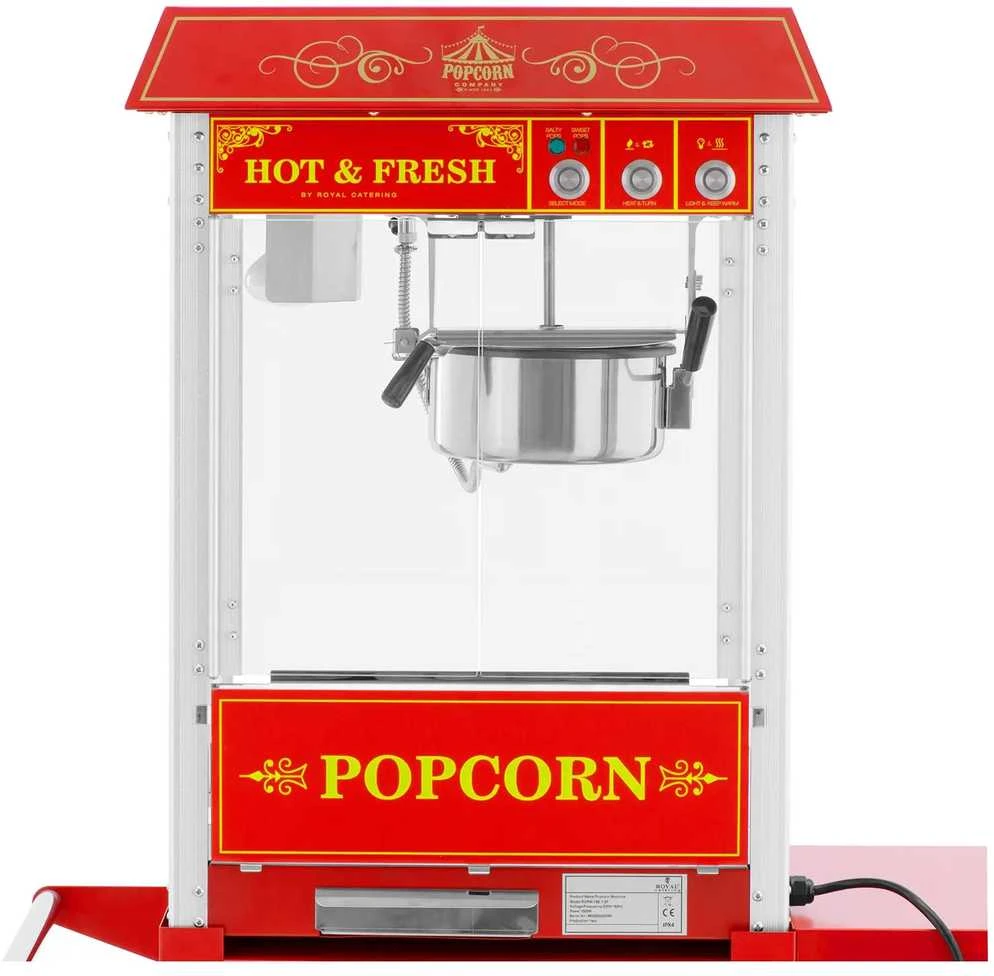 Royal Catering Profesionali kukurūzų spragėsių mašina ant vežimėlio su RETRO apšvietimu 88 l 1600 W raudona