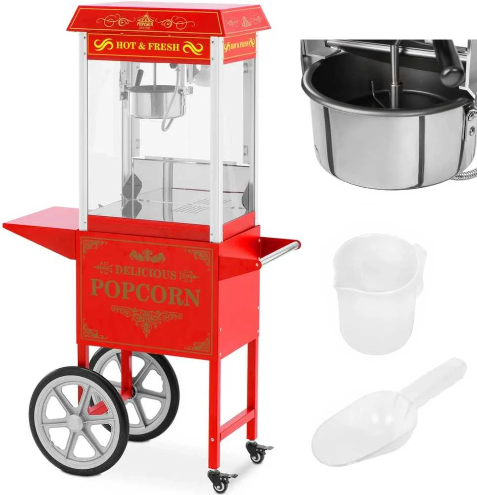 Royal Catering Profesionali kukurūzų spragėsių mašina ant vežimėlio su RETRO apšvietimu 88 l 1600 W raudona