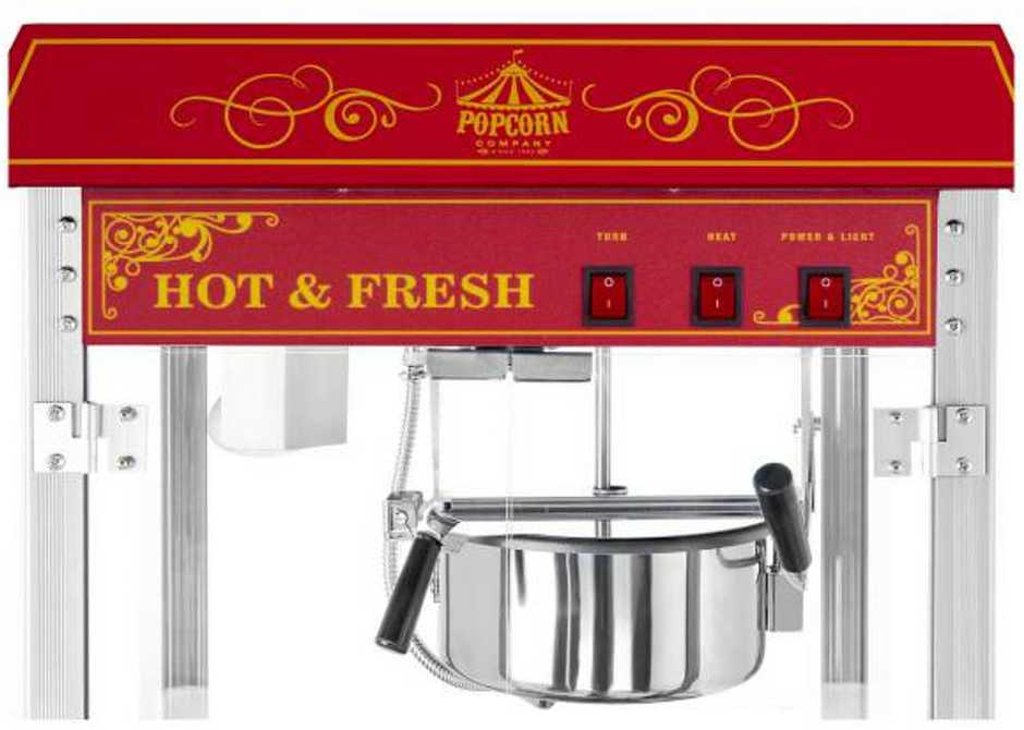 Royal Catering Profesionalus, efektyvus mobilus kukurūzų spragėsių (POPCORN) aparatas ant vežimėlio 230V 1,5kW raudonas