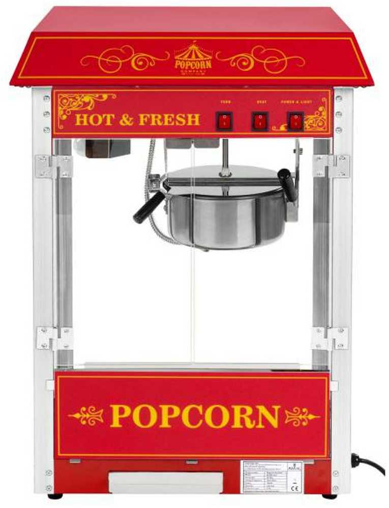 Royal Catering Profesionalus, efektyvus mobilus kukurūzų spragėsių (POPCORN) aparatas ant vežimėlio 230V 1,5kW raudonas