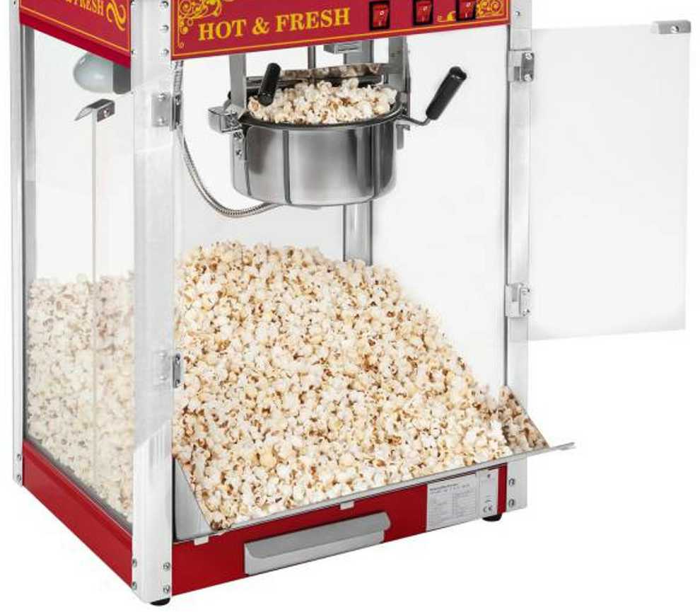 Royal Catering Profesionalus, efektyvus mobilus kukurūzų spragėsių (POPCORN) aparatas ant vežimėlio 230V 1,5kW raudonas