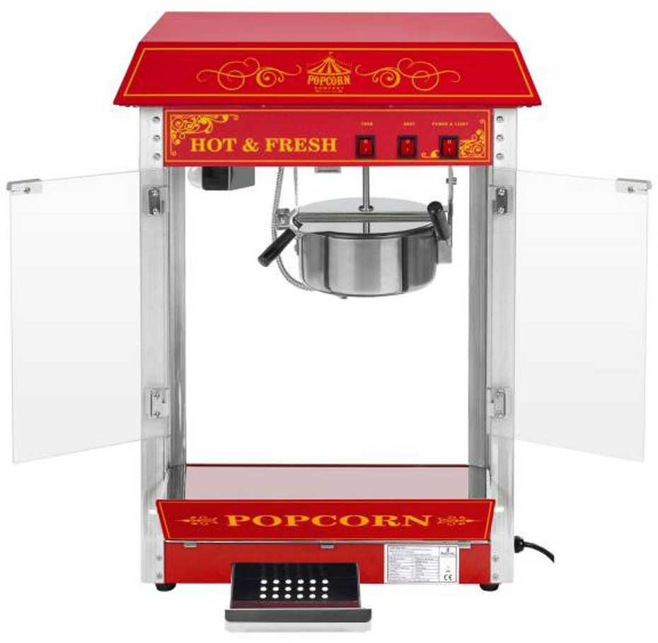 Royal Catering Profesionalus, efektyvus mobilus kukurūzų spragėsių (POPCORN) aparatas ant vežimėlio 230V 1,5kW raudonas
