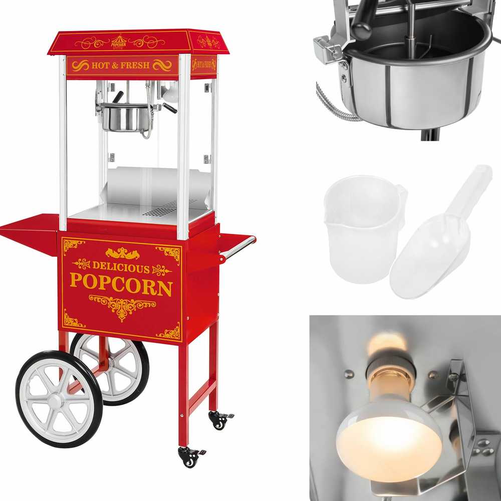 Royal Catering Profesionalus, efektyvus mobilus kukurūzų spragėsių (POPCORN) aparatas ant vežimėlio 230V 1,5kW raudonas