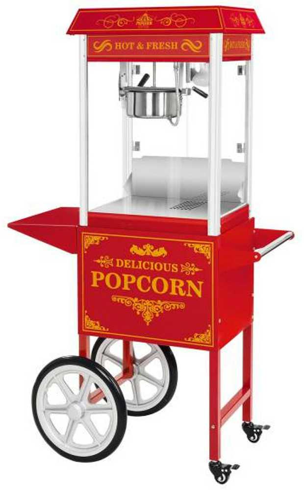 Royal Catering Profesionalus, efektyvus mobilus kukurūzų spragėsių (POPCORN) aparatas ant vežimėlio 230V 1,5kW raudonas