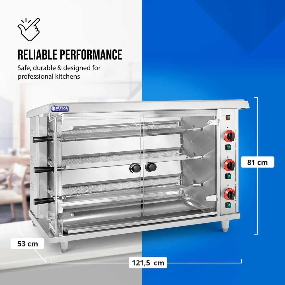 Royal Catering Dujinė kepsninė 15 vištų, 3 iešmeliai, propanas-butanas, 15 kW