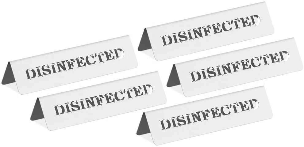 Penkios metalinės DISINFECTED informacinės stalo lentelės