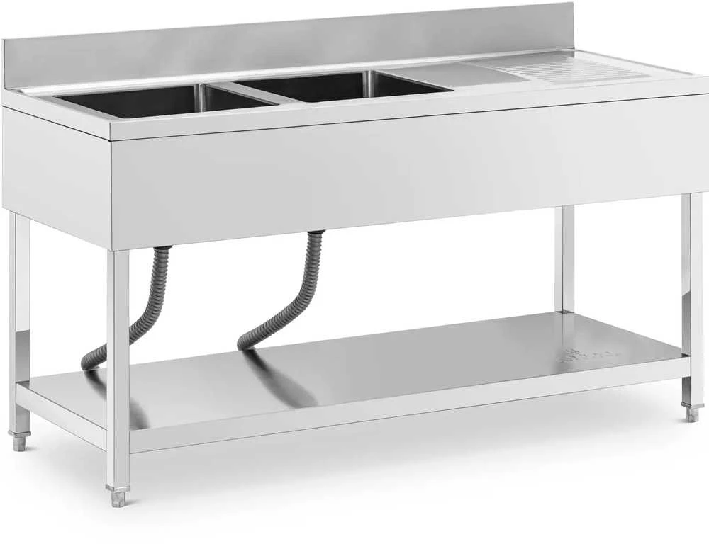 Royal Catering Dviejų dubenių baseino kriauklė su kanalizacija, lentyna ir kraštu 160 x 60 x 97 cm