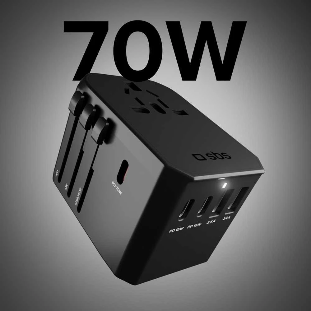SBS Universal GaN Travel Adapteris 70W 3xUSB-C 2xUSB-A with Case - Juodas