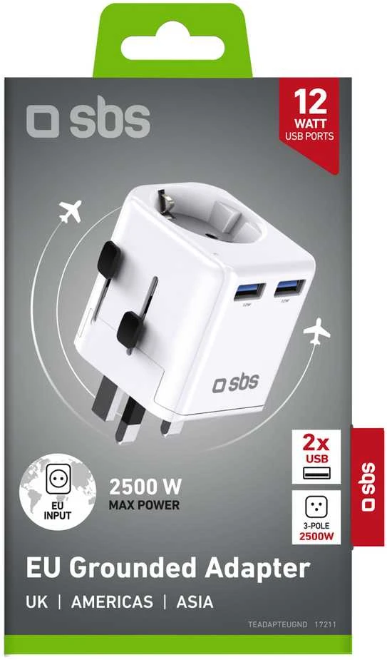 SBS universal travel adapter – EU 2xUSB-A – baltos spalvos