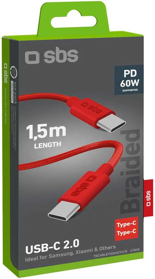 SBS TECABLETISSUETCCR USB-C – USB-C 1.5m 60W pintas kabelis – raudonos spalvos