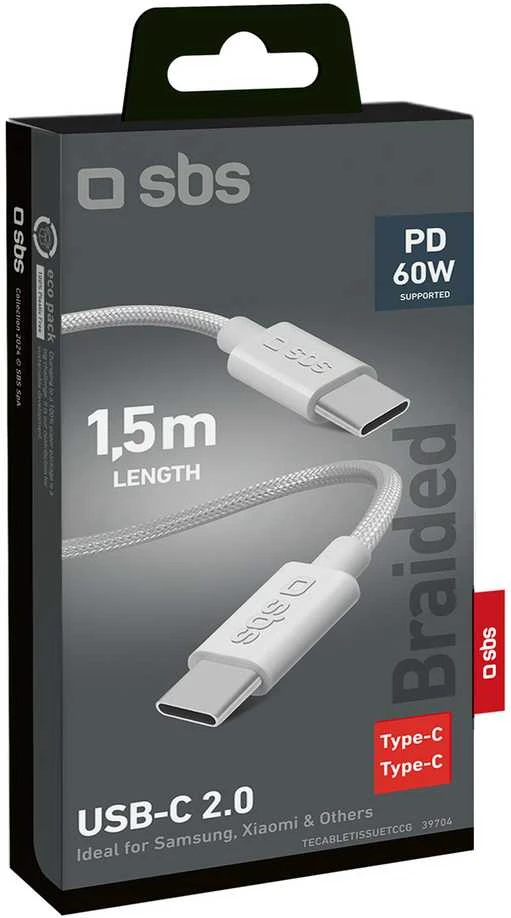 SBS TECABLETISSUETCCG USB-C – USB-C 1.5m 60W pintas kabelis – pilkos spalvos