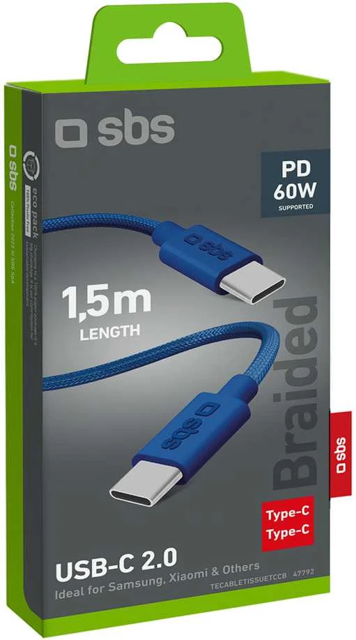 SBS TECABLETISSUETCCB USB-C – USB-C 1.5m 60W pintas kabelis – mėlynos spalvos