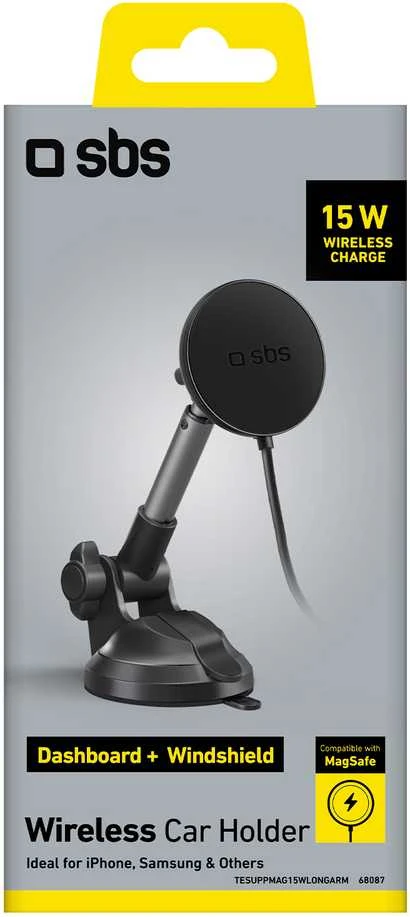 Telescopic telefono laikiklis su belaidžiu įkrovimu SBS TESUPPMAG15WLONGARM with suction cup, compatible with MagSafe - juodas