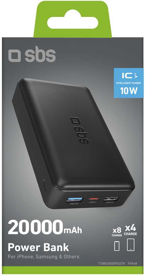 Power Bank 20.000 mAh Greitas įkrovimas, 2 USB By SBS Juodas